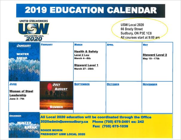 2019 Education Calendar - USW Local 2020